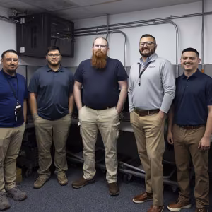 Five men stand in a row inside a large cubicle. All are wearing khakis of various shades. Three on the left and the one on the right end are wearing blue, short-sleeved shirts. The man second from the right is wearing a long-sleeved grey sweater. All have dark hair except for the man in the middle who is red-headed.